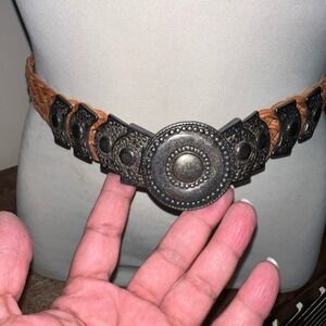 Another Line Inc Woven Leather Belt Silver Medallion‎ Embellished Tan Boho Retro